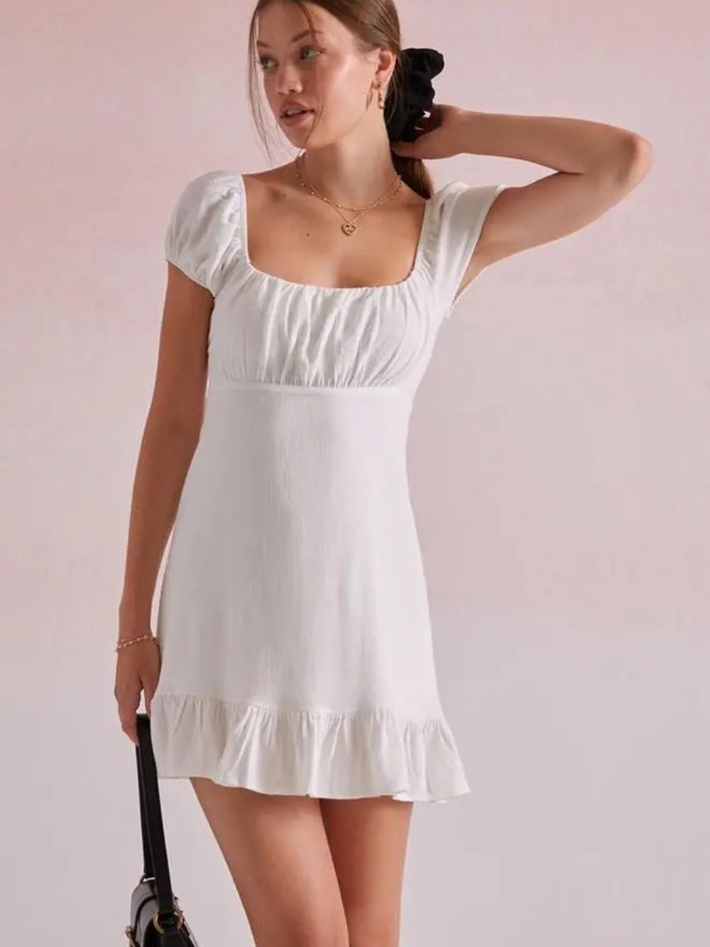 White Puff-Sleeve Square-Neck Mini Dress